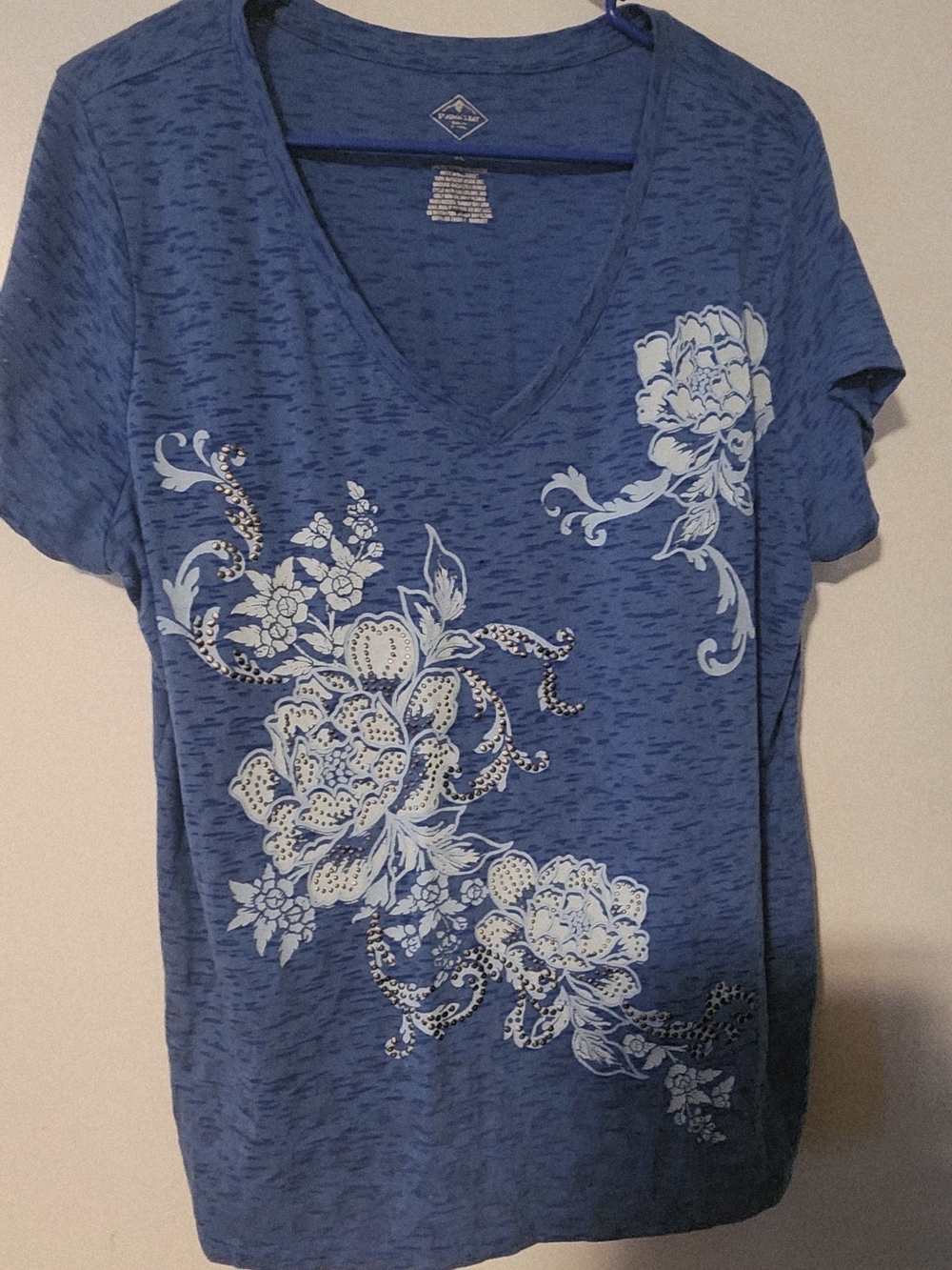 St. John's Bay Blue V-Neck Tee with White Floral Print